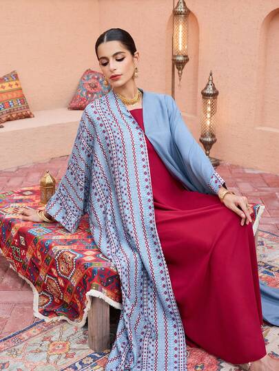 SHEIN Najma رمضان عباية نسائية بأكمام طويلة وأكمام متسعة مطبوعة بتصميم رقعي مع إغلاق بخطاف