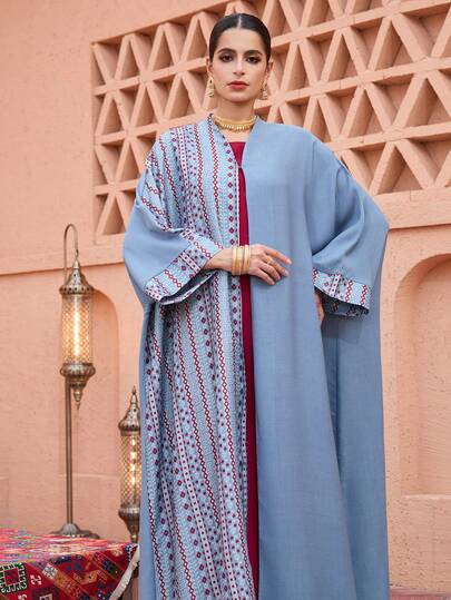 SHEIN Najma رمضان عباية نسائية بأكمام طويلة وأكمام متسعة مطبوعة بتصميم رقعي مع إغلاق بخطاف