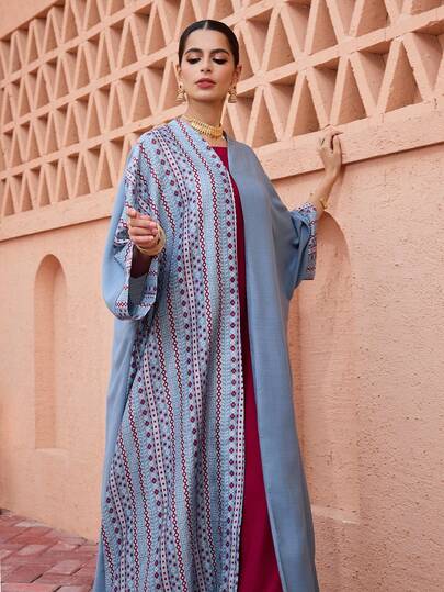 SHEIN Najma رمضان عباية نسائية بأكمام طويلة وأكمام متسعة مطبوعة بتصميم رقعي مع إغلاق بخطاف