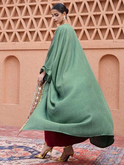 SHEIN Najma رمضان عباية نسائية أنيقة بأكمام طويلة وأكمام واسعة مزينة بشرائط الباتشوورك