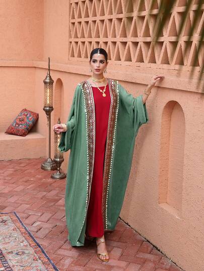 SHEIN Najma رمضان عباية نسائية أنيقة بأكمام طويلة وأكمام واسعة مزينة بشرائط الباتشوورك