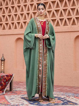 SHEIN Najma رمضان عباية نسائية أنيقة بأكمام طويلة وأكمام واسعة مزينة بشرائط الباتشوورك