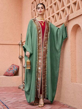 SHEIN Najma رمضان عباية نسائية أنيقة بأكمام طويلة وأكمام واسعة مزينة بشرائط الباتشوورك
