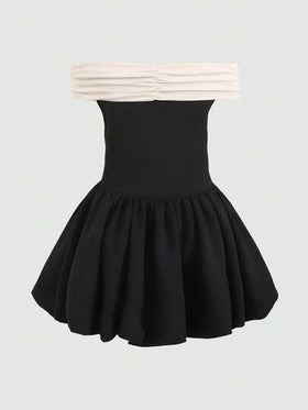 SHEIN فستان حفلة أنيق للفتيات المراهقات مزين بالأربطة والكشكشة وتصميم الألوان المتباينة على الكتف