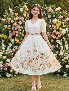 SHEIN رمضان فستان طباعة زهرية منسوج أنيق بياقة على شكل حرف V وأكمام منتفخة، فستان ماكسي كاجوال للمراهقات والفتيات، مناسب للارتداء اليومي والعطلات والأوقات الحرة