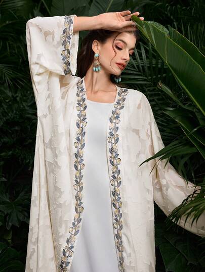 SHEIN Najma رمضان عباءة نسائية فضفاضة بأكمام طويلة مزخرفة بتصميم زهري مقطع أنيق