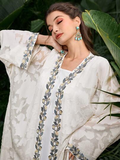 SHEIN Najma رمضان عباءة نسائية فضفاضة بأكمام طويلة مزخرفة بتصميم زهري مقطع أنيق