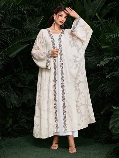 SHEIN Najma رمضان عباءة نسائية فضفاضة بأكمام طويلة مزخرفة بتصميم زهري مقطع أنيق