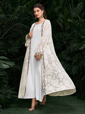 SHEIN Najma رمضان عباءة نسائية فضفاضة بأكمام طويلة مزخرفة بتصميم زهري مقطع أنيق