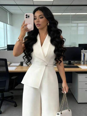 Elenzga بدلة نسائية أنيقة ذات رقبة على شكل حرف V من قماش اللون المشمشي، مزينة بحزام الخصر، مناسبة للعمل والاجتماعات والمعلمات والمدرسة وأيام الفالنتاين وعيد العمال والعيد وللسفر، موضة ربيع/صيف أساسية، بدلة قفزة فضفاضة بساق مستقيمة بلا أكمام