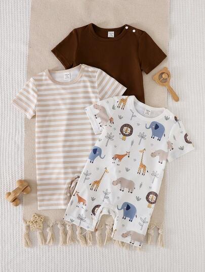 SHEIN Playful Pals 3 قطع/مجموعة بذلات أطفال صغار مطبوعة بطريقة جميلة + شريطية + لون واحد ناعمة ومريحة، مناسبة للمنزل والرياضة الخارجية والحفلات