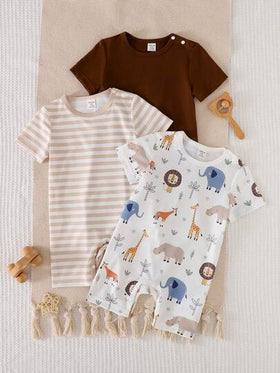SHEIN Playful Pals 3 قطع/مجموعة بذلات أطفال صغار مطبوعة بطريقة جميلة + شريطية + لون واحد ناعمة ومريحة، مناسبة للمنزل والرياضة الخارجية والحفلات