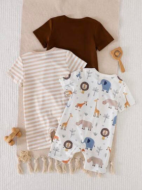 SHEIN Playful Pals 3 قطع/مجموعة بذلات أطفال صغار مطبوعة بطريقة جميلة + شريطية + لون واحد ناعمة ومريحة، مناسبة للمنزل والرياضة الخارجية والحفلات