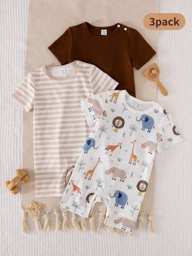 SHEIN Playful Pals 3 قطع/مجموعة بذلات أطفال صغار مطبوعة بطريقة جميلة + شريطية + لون واحد ناعمة ومريحة، مناسبة للمنزل والرياضة الخارجية والحفلات