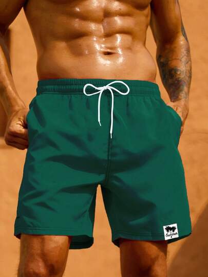 ZELFYO شورتات بجيب وبسيطة من قماش أحادي اللون مع رباط أمامي للرجال، ملابس كاجوال وللمنتجعات