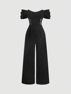 SHEIN MOD جمبسوت نسائية أنيقة للتنقل بتصميم كتف مكشوف مع تطريز دانتيل متباين، صيفية