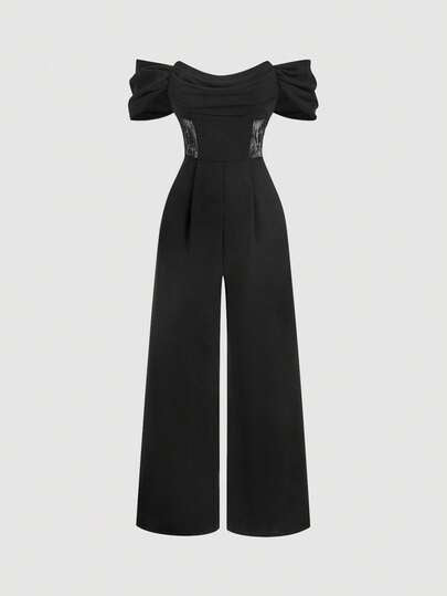 SHEIN MOD جمبسوت نسائية أنيقة للتنقل بتصميم كتف مكشوف مع تطريز دانتيل متباين، صيفية