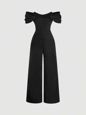 SHEIN MOD جمبسوت نسائية أنيقة للتنقل بتصميم كتف مكشوف مع تطريز دانتيل متباين، صيفية