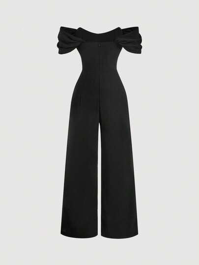 SHEIN MOD جمبسوت نسائية أنيقة للتنقل بتصميم كتف مكشوف مع تطريز دانتيل متباين، صيفية