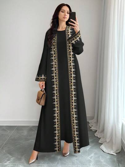 SHEIN Najma عباية كاردجان طويلة الأكمام كاجوال مطبوعة بالأزهار والخرز الاصطناعي للنساء، للربيع والخريف