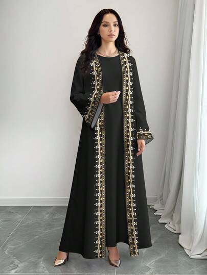 SHEIN Najma عباية كاردجان طويلة الأكمام كاجوال مطبوعة بالأزهار والخرز الاصطناعي للنساء، للربيع والخريف