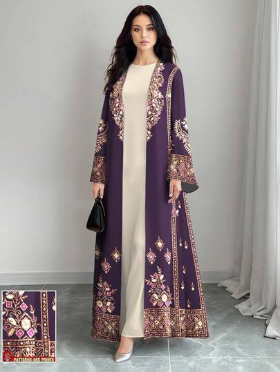SHEIN Najma رمضان معطف أبايا طويل كاردجان نسائي بطباعة رقمية ذات نمط هندسي معيني رجعي، أكمام طويلة، للربيع والخريف