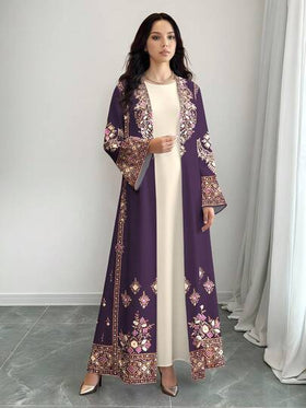 SHEIN Najma رمضان معطف أبايا طويل كاردجان نسائي بطباعة رقمية ذات نمط هندسي معيني رجعي، أكمام طويلة، للربيع والخريف