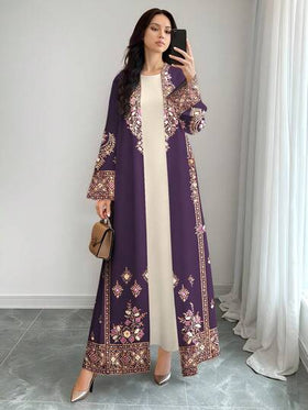 SHEIN Najma رمضان معطف أبايا طويل كاردجان نسائي بطباعة رقمية ذات نمط هندسي معيني رجعي، أكمام طويلة، للربيع والخريف