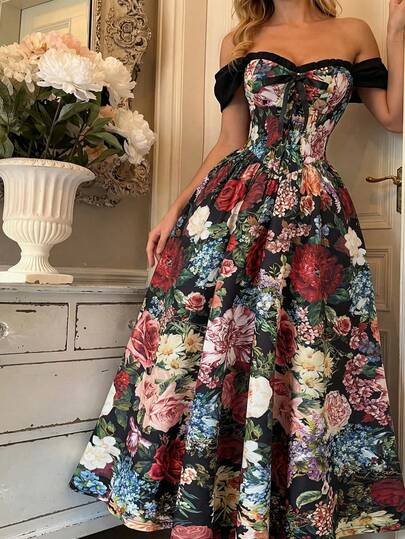 SHEIN MOD فستان نسائي بطبعة زهور وياقة منحرفة الكتف