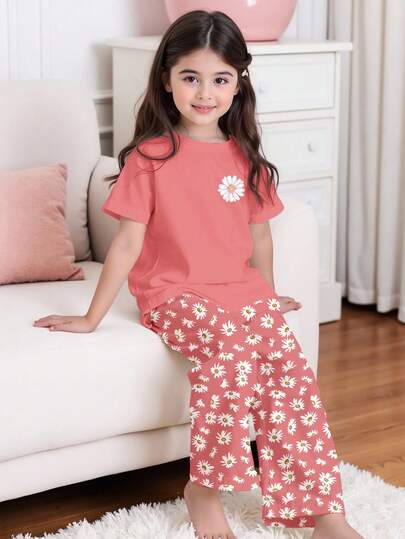بيجامة بنات المراهقات بقميص كاجوال بياقة دائرية وأكمام قصيرة وبنطلون، مناسبة للصيف