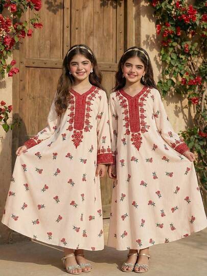 SHEIN رمضان فستان فضفاض بأكمام طويلة وياقة على شكل حرف V مع طباعة زهرية للفتيات المراهقات