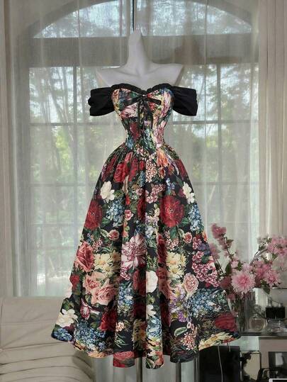 SHEIN MOD فستان نسائي بطبعة زهور وياقة منحرفة الكتف