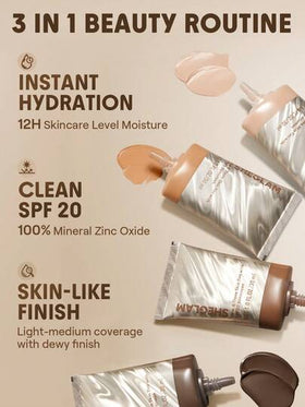SHEGLAM Dew & Done ملون خفيف للبشرة مع Spf20-Shell علامة تجارية جمال مكياج ميكب مستحضرات تجميل للنساء الفتيات مثالي لفصل الشتاء الربيع مثالي ل- Y2K أزياء أنيقة رمضان هدية حفلة جاهز أفضل لون