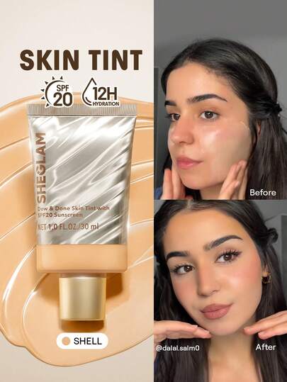 SHEGLAM Dew & Done ملون خفيف للبشرة مع Spf20-Shell علامة تجارية جمال مكياج ميكب مستحضرات تجميل للنساء الفتيات مثالي لفصل الشتاء الربيع مثالي ل- Y2K أزياء أنيقة رمضان هدية حفلة جاهز أفضل لون