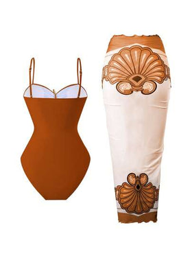 Swim Oasis بدلة سباحة قطعة واحدة مع تنورة ماكسي مربوطة، مزينة بنجمة البحر المفرغة، مناسبة للنساء في إجازة الصيف والشاطئ
