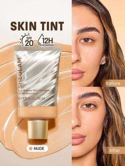 SHEGLAM Dew & Done ملون خفيف للبشرة مع Spf20-Nude علامة تجارية جمال مكياج ميكب مستحضرات تجميل للنساء الفتيات مثالي لفصل الشتاء الربيع مثالي ل- Y2K أزياء أنيقة رمضان هدية حفلة جاهز أفضل لون