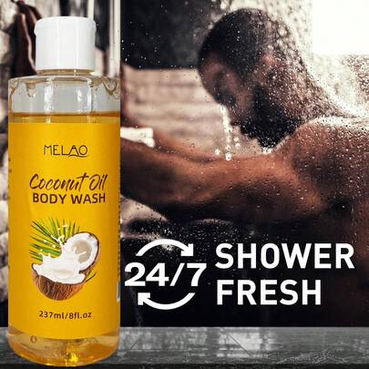 MELAO غسول جسم زيت جوز الهند ميلاو، 237 مل/8 أونصة سائلة، مكونات طبيعية من زيت جوز الهند، تنظيف عميق ومرطب، مناسب للبشرة الجافة والحساسة، صيغة لطيفة، رائحة منعشة، مغذي للحصول على بشرة ناعمة وناعمة