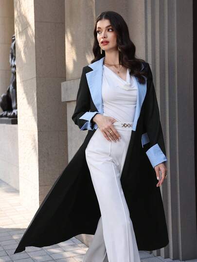 Yasmyna عباءة أنيقة عربية ذات جيب وهمي من التويل الأسود والخطوط الزرقاء للنساء في الربيع والصيف