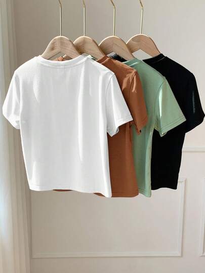 SHEIN 4 قطعة/طقم قمصان قصيرة الأكمام مريحة وعملية للأولاد الصغار، مطبوعة بأحرف ثلاثية الأبعاد، مناسبة للربيع والصيف والخريف والشتاء، للارتداء اليومي والرياضة والخروجات والمدرسة والمناسبات والمهرجانات وأيام العودة للمدرسة