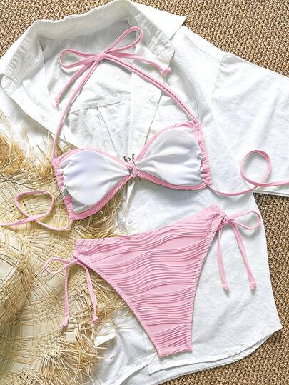 Swim Mod بيكيني بتصميم عقدة جانبية مع إبزيم معدني ونسيج مُنسَّج، مناسب للسباحة والعطلات الصيفية على الشاطئ