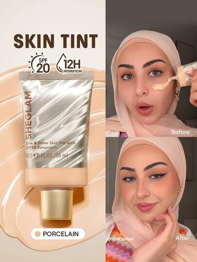 SHEGLAM Dew & Done ملون خفيف للبشرة مع Spf20-Porcelain علامة تجارية جمال مكياج ميكب مستحضرات تجميل للنساء الفتيات مثالي لفصل الشتاء الربيع مثالي ل- Y2K أزياء أنيقة رمضان هدية حفلة جاهز أفضل لون