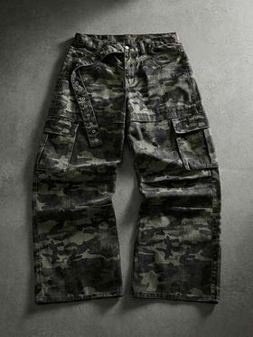 ROMWE MEN Grunge Punk بنطلون جينز كاجوال بجيوب وحزام بطبعة الكاموفلاج للرجال