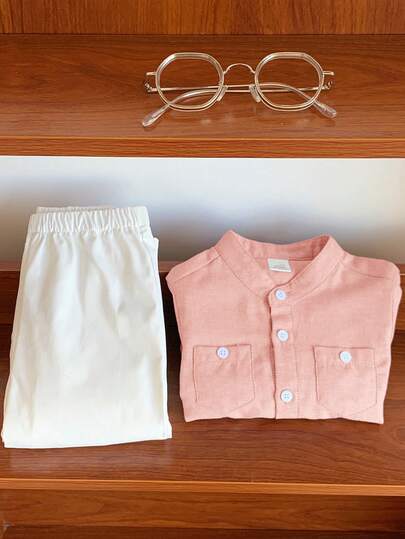 SHEIN مجموعة قميص أزرق فاتح بأكمام طويلة وبنطال بخصر مطاطي للأطفال الصبية، مناسبة لحفلات عيد الميلاد والحفلات المسائية والأعراس وحفلات الاستقبال والمناسبات الخاصة بالأطفال