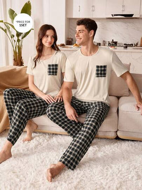 SHEIN بدلة بيجاما رجالية كاجوال بأكمام قصيرة وجيب بنمط مربعات بسيط