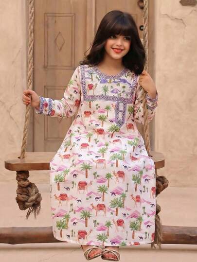 SHEIN فستان طويل الأكمام بطبعة الفلامنجو للفتيات الصغيرات، طراز العطلات، خريفي