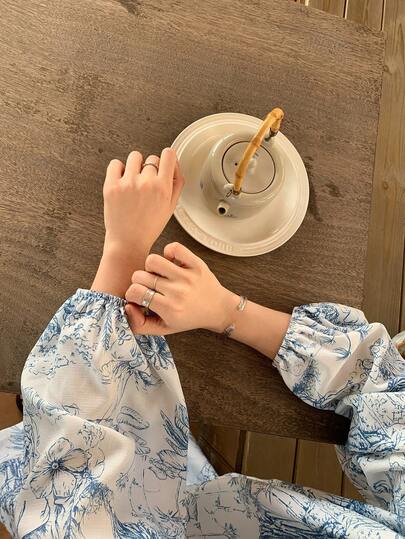 FRIFUL فستان كاجوال فضفاض مطبوع بالكامل بأكمام بتلة منتفخة مطوية باللون الأزرق، فستان مناسب لضيوف الزفاف للنساء