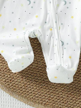 SHEIN Vintaside Kids قطعتان جمبسوت طويلة الأكمام مع قدم للأطفال الرضع الذكور مع إغلاق بأزرار، بلون أخضر نعناعي وعاجي مطبوع بالنجوم والقمر