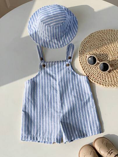 SHEIN مجموعة مكونة من قطعتين مع قبعة للأطفال الرضع البنين/البنات، شورت مخطط باللون الأزرق والأبيض وقبعة صياد، ملابس كاجوال مناسبة للمنزل والخروج والشاطئ