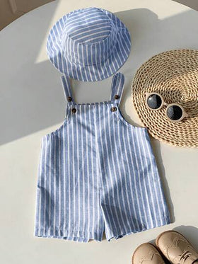 SHEIN مجموعة مكونة من قطعتين مع قبعة للأطفال الرضع البنين/البنات، شورت مخطط باللون الأزرق والأبيض وقبعة صياد، ملابس كاجوال مناسبة للمنزل والخروج والشاطئ
