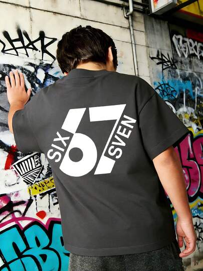 قميص صيفي بأكمام قصيرة للأولاد المراهقين مع رسم رقم "67" مضحك، مناسب للارتداء اليومي والمدرسة والشارع